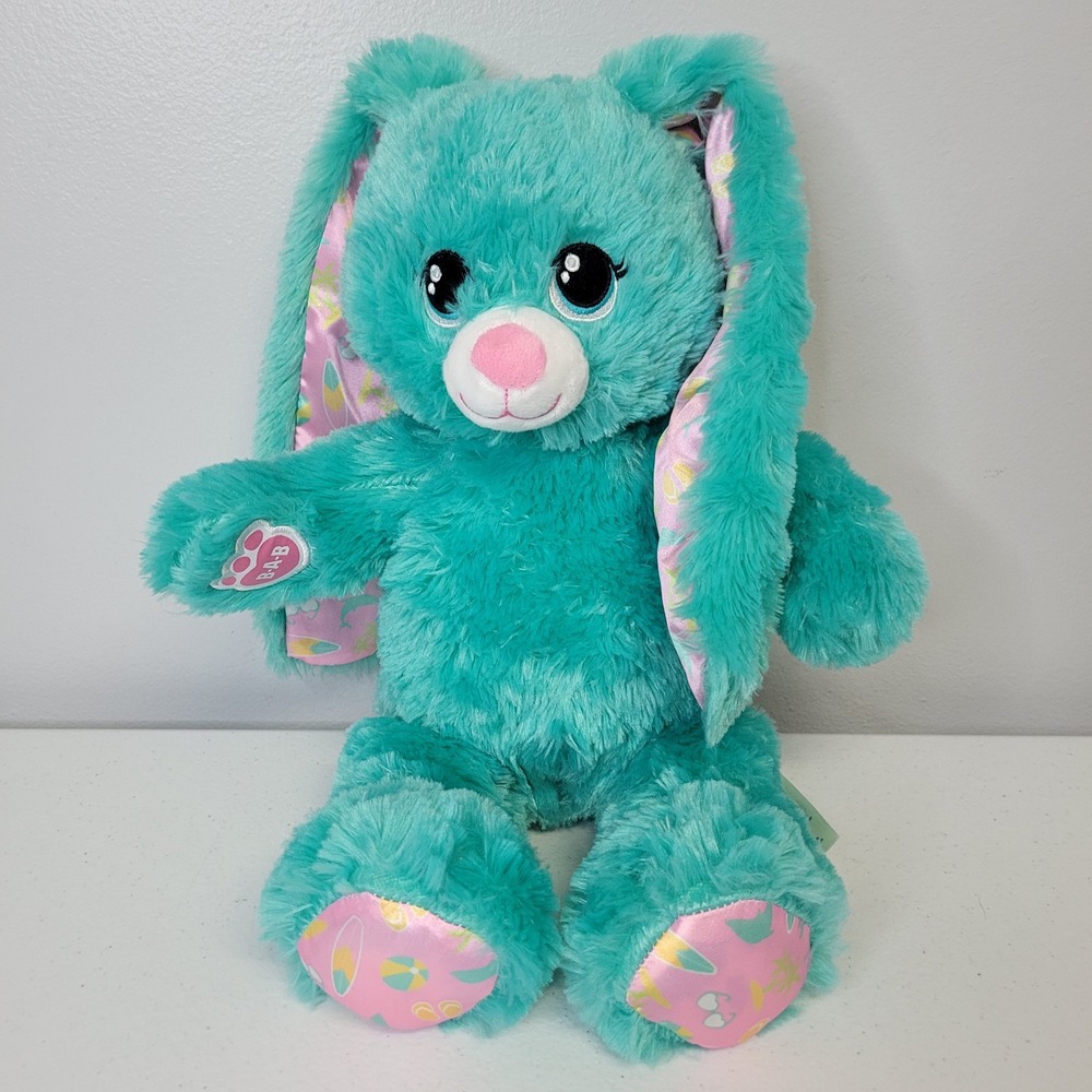Build A Bear Teal Summer Bunny Plush Pink Beach Print Ears Feet 16" Stuff Animal